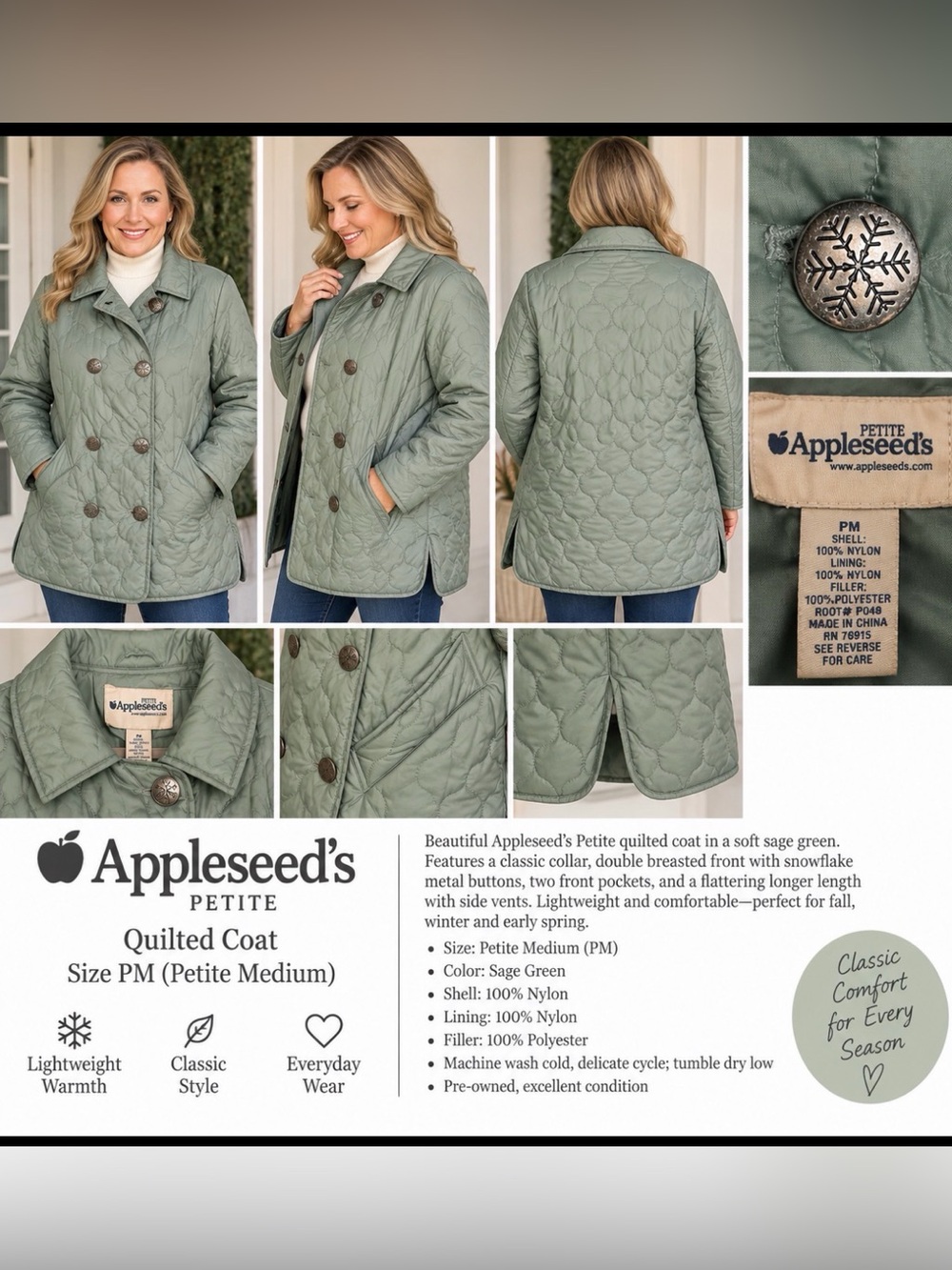 Appleseed’s Petite Sage Green Quilted Puffer Coat